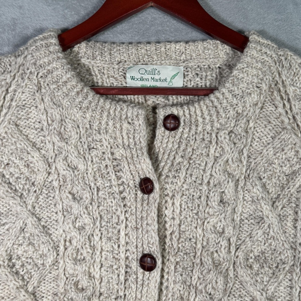 Quill's Woollen Market Sweater Womens L Beige Wool Cable Knit Cardigan Ireland* - Picture 2 of 10